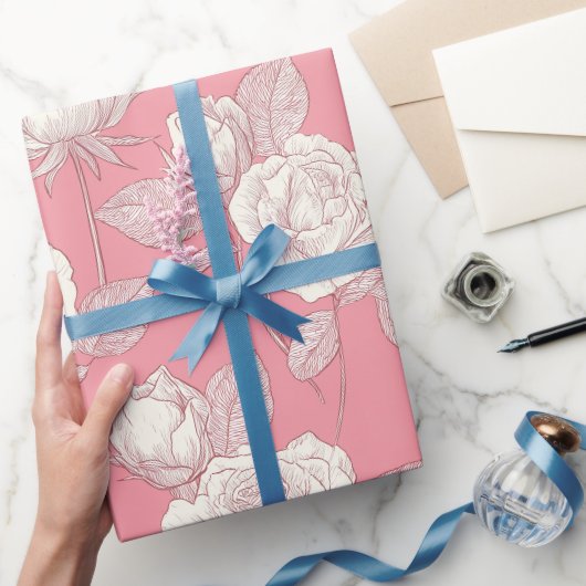 Met de Hand Getekend Roze Roos Wit Bloemmotief Cadeaupapier (Geschenken)