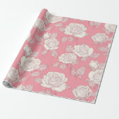 Met de Hand Getekend Roze Roos Wit Bloemmotief Cadeaupapier (Uitgerold)