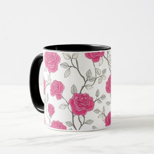 Met de Hand Getekend Roze Roos Wit Bloemmotief Mok (Voorkant links)