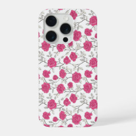 Met de Hand Getekend Roze Roos Wit Bloempatroon iPhone 15 Pro Case