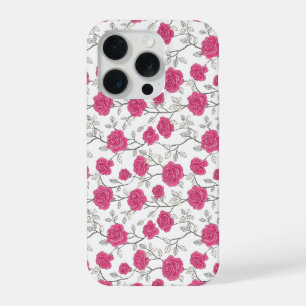 Met de Hand Getekend Roze Roos Wit Bloempatroon iPhone 15 Pro Case
