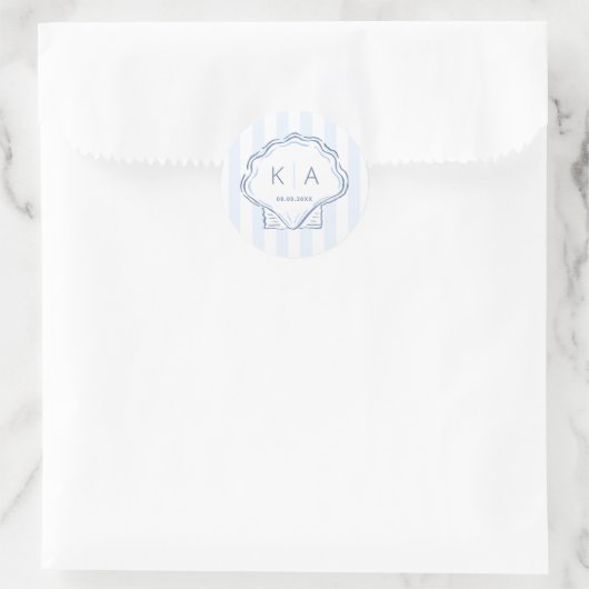 Met de Hand Getekend Schelp Kust Bruiloft Monogram Ronde Sticker (Tas)