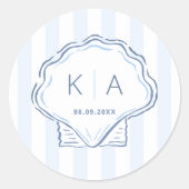 Met de Hand Getekend Schelp Kust Bruiloft Monogram Ronde Sticker (Voorkant)