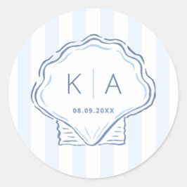 Met de Hand Getekend Schelp Kust Bruiloft Monogram Ronde Sticker