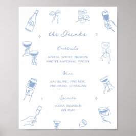 Met de Hand Getekend Stofblauw Trouw Bar Drankmenu Poster