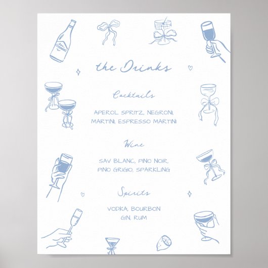 Met de Hand Getekend Stofblauw Trouw Bar Drankmenu Poster (Voorkant)