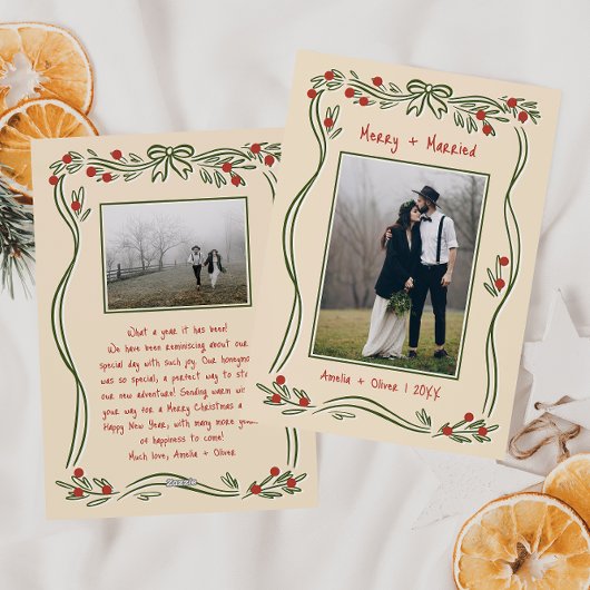 met de hand getekend vrolijk en getrouwd met twee feestdagenkaart