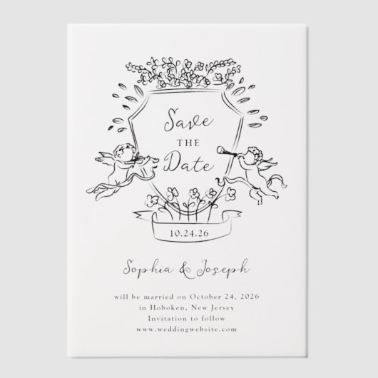 Met de hand getekend wapen met cherubijnen | Save Vellum Uitnodigingen (Voorkant)