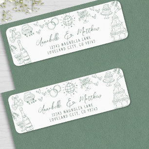 Met de Hand Getekend Whimsical Groen Huwelijk Reto Etiket