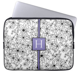 Met de hand getekend wit bloempatroon paarse monog laptop sleeve