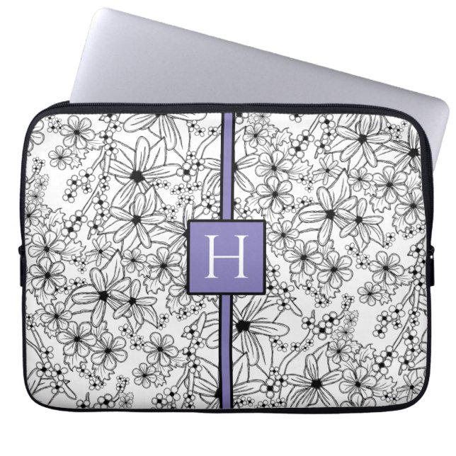 Met de hand getekend wit bloempatroon paarse monog laptop sleeve (Voorkant)