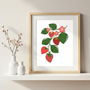Met de hand getekende aardbeientak keuken kunstpri poster