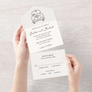 Met de Hand Getekende Auto Doodle Moderne Trouwdag All In One Uitnodiging