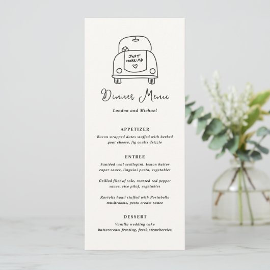 Met de Hand Getekende Auto Doodle Moderne Trouwdag Menu (Staand voorkant)