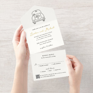 Met de Hand Getekende Auto Doodle QR Code Moderne All In One Uitnodiging
