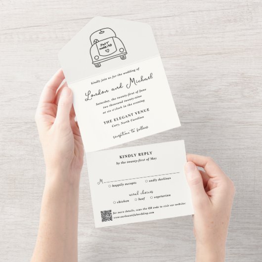 Met de Hand Getekende Auto Doodle QR Code Moderne All In One Uitnodiging (Afscheurbaar)