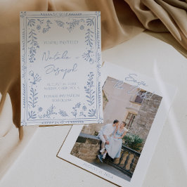 Met de Hand Getekende Azure Blauwe Bloemetuin Foto Save The Date
