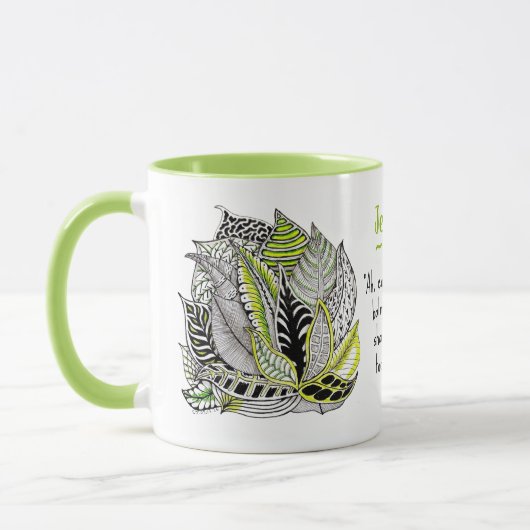 Met de hand getekende blad-doodle met groen en cit mok (Links)