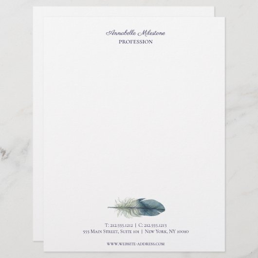 Met de hand getekende blauwe grijze waterverf veer briefhoofd ontwerp (Voorkant / Achterkant)