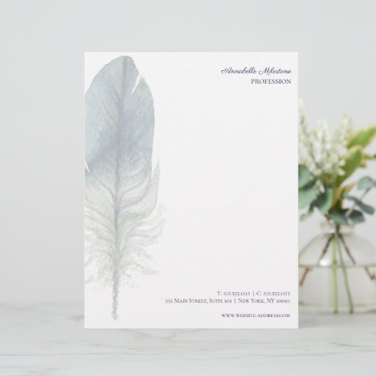 Met de hand getekende blauwe grijze waterverf veer gepersonaliseerd briefhoofd (Staand voorkant)