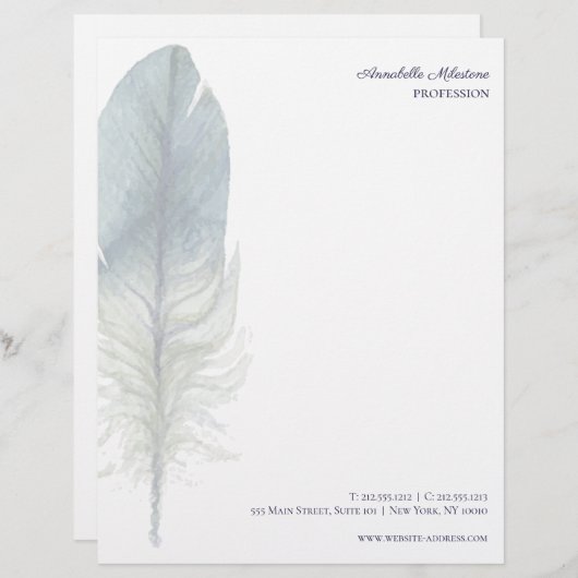 Met de hand getekende blauwe grijze waterverf veer gepersonaliseerd briefhoofd (Voorkant / Achterkant)