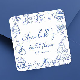 Met de Hand Getekende Blauwe Grillen Bruidsdouche Vierkante Sticker