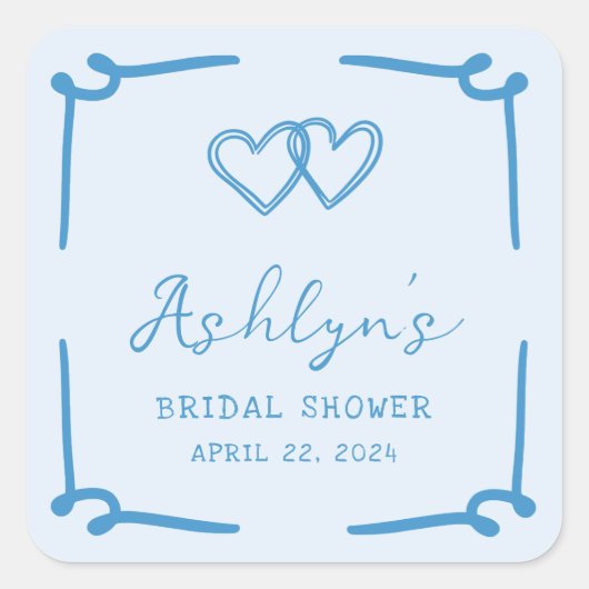 Met de hand getekende blauwe hart bruidsdouche sti vierkante sticker (Voorkant)