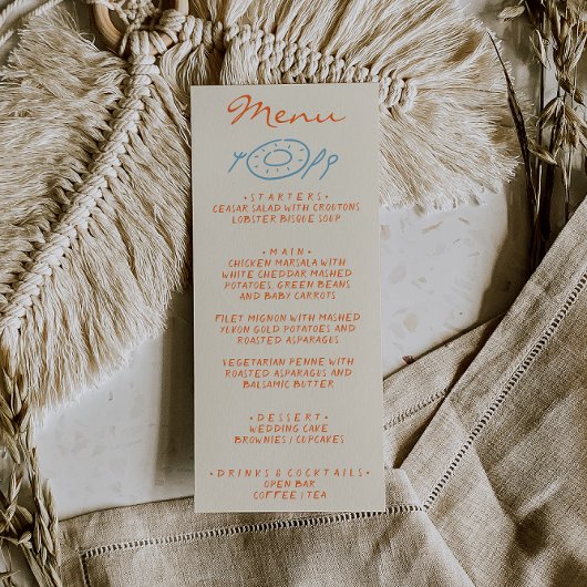 Met de Hand Getekende Blauwe Oranje Whimsical Brui Menu