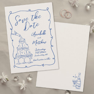 Met de Hand Getekende Blauwe Trouwkaart in Vintage Save The Date