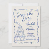 Met de Hand Getekende Blauwe Trouwkaart in Vintage Save The Date (Voorkant)