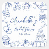 Met de Hand Getekende Blauwe Whimsical Bruidsdouch Vierkante Sticker (Voorkant)