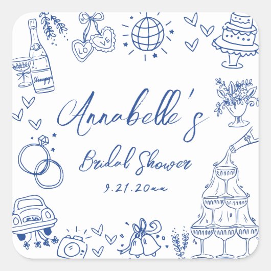 Met de Hand Getekende Blauwe Whimsical Bruidsdouch Vierkante Sticker (Voorkant)