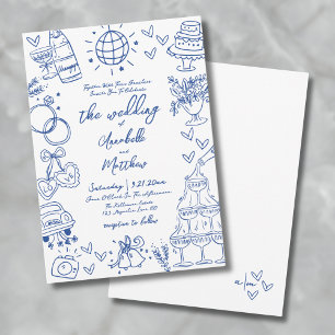 Met de Hand Getekende Blauwe Whimsical Bruiloft Kaart
