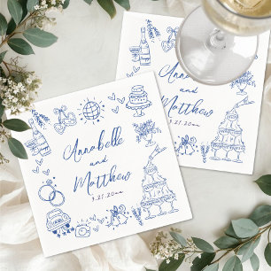 Met de Hand Getekende Blauwe Whimsical Bruiloft Servet