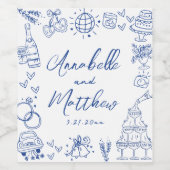 Met de Hand Getekende Blauwe Whimsical Bruiloft Wijn Etiket (Enkel label)