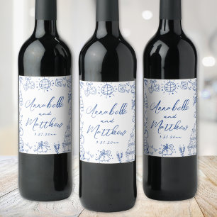 Met de Hand Getekende Blauwe Whimsical Bruiloft Wijn Etiket