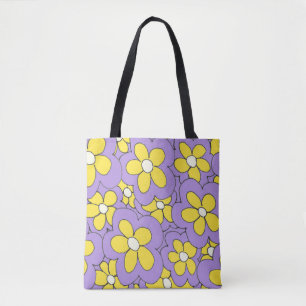 Met de hand getekende bloem print geel paars tote bag