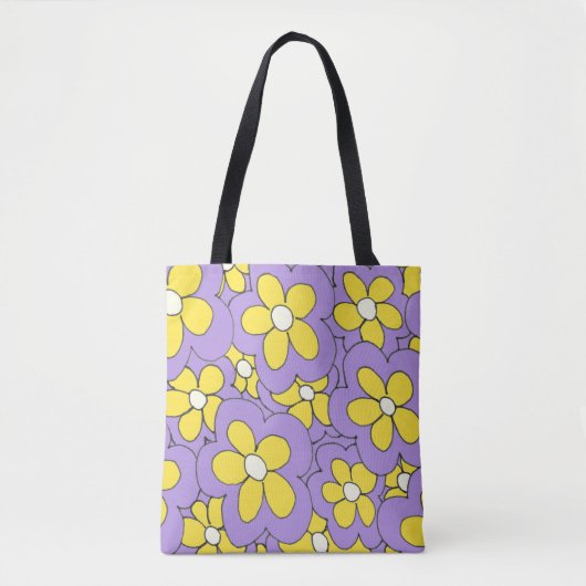 Met de hand getekende bloem print geel paars tote bag (Voorkant)