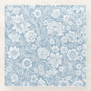 Met de hand getekende bloemen, blauw grijs wit bot glazen onderzetter