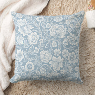 Met de hand getekende bloemen, blauw grijs wit bot kussen