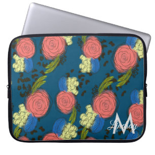 Met de Hand Getekende Bloemen Blauwe Dierenprint L Laptop Sleeve