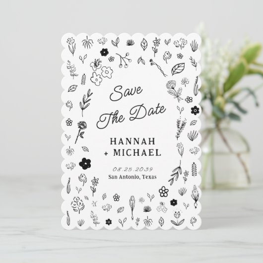 Met de Hand Getekende Bloemen Huwelijk Save The Date (Staand voorkant)
