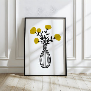 Met de hand getekende bloemen in vaas in mixed med poster