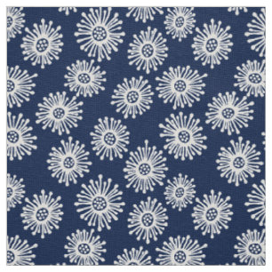 Met de hand getekende bloemen - Wit op donkerblauw Stof