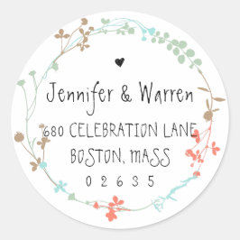 Met de hand getekende bloemenkrans retouradres ronde sticker