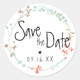 Met de hand getekende bloemenkrans Save the Date Ronde Sticker