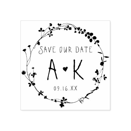 Met de hand getekende bloemenkrans Save The Date Rubberstempel (Afrduk)
