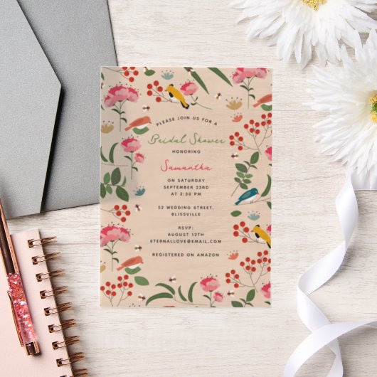 Met de hand getekende bloemenvogels bij bruidsdouc vellum uitnodigingen (Huwelijk)