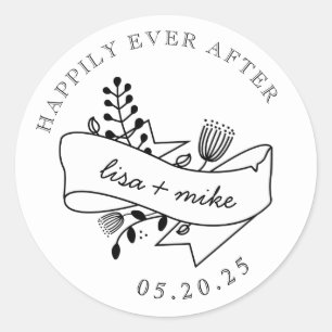 Met de Hand Getekende Bloemige Trouwdag 'Happily E Ronde Sticker
