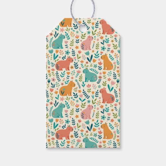 Met de hand getekende bloemrijke capybara-cadeaubo cadeaulabel (Voorkant)